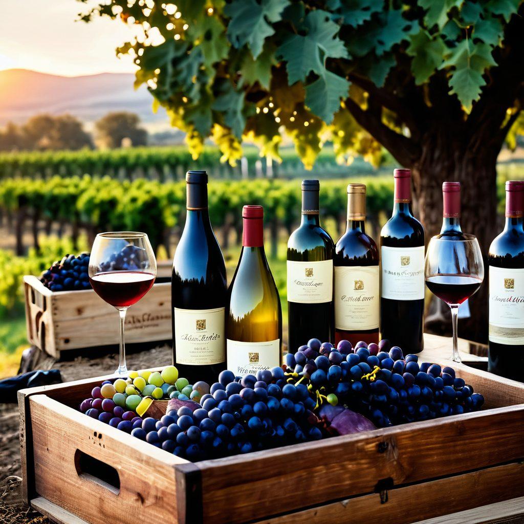 A scenic vineyard at sunset, showcasing ripe grapes on the vine, with a wooden crate filled with elegant vintage wine bottles in the foreground. In the background, a bustling auction scene with wine enthusiasts raising paddles, while an auctioneer passionately presents the wines. Soft golden light illuminating the scene, evoking a sense of luxury and appreciation for vintage wines. super-realistic. warm tones. vibrant colors.
